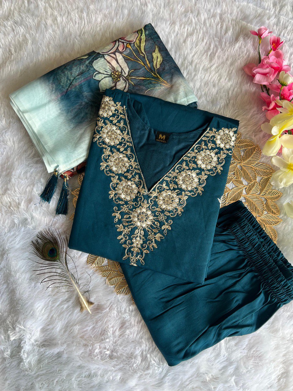Heavy Embroidered Work Suit With Digital Print Dupatta