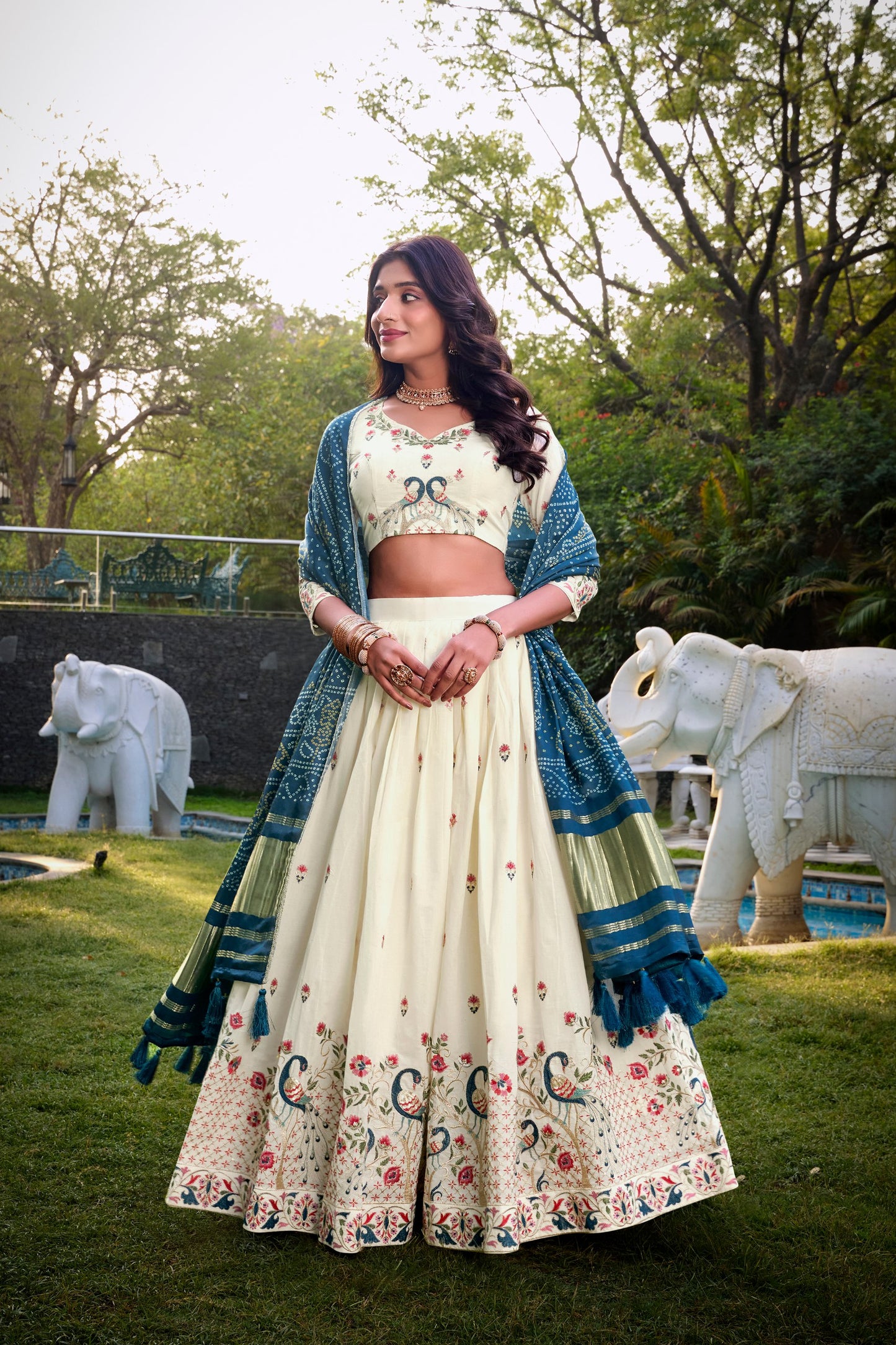 Teal Blue Khadi Cotton Sequins and thread embroidery