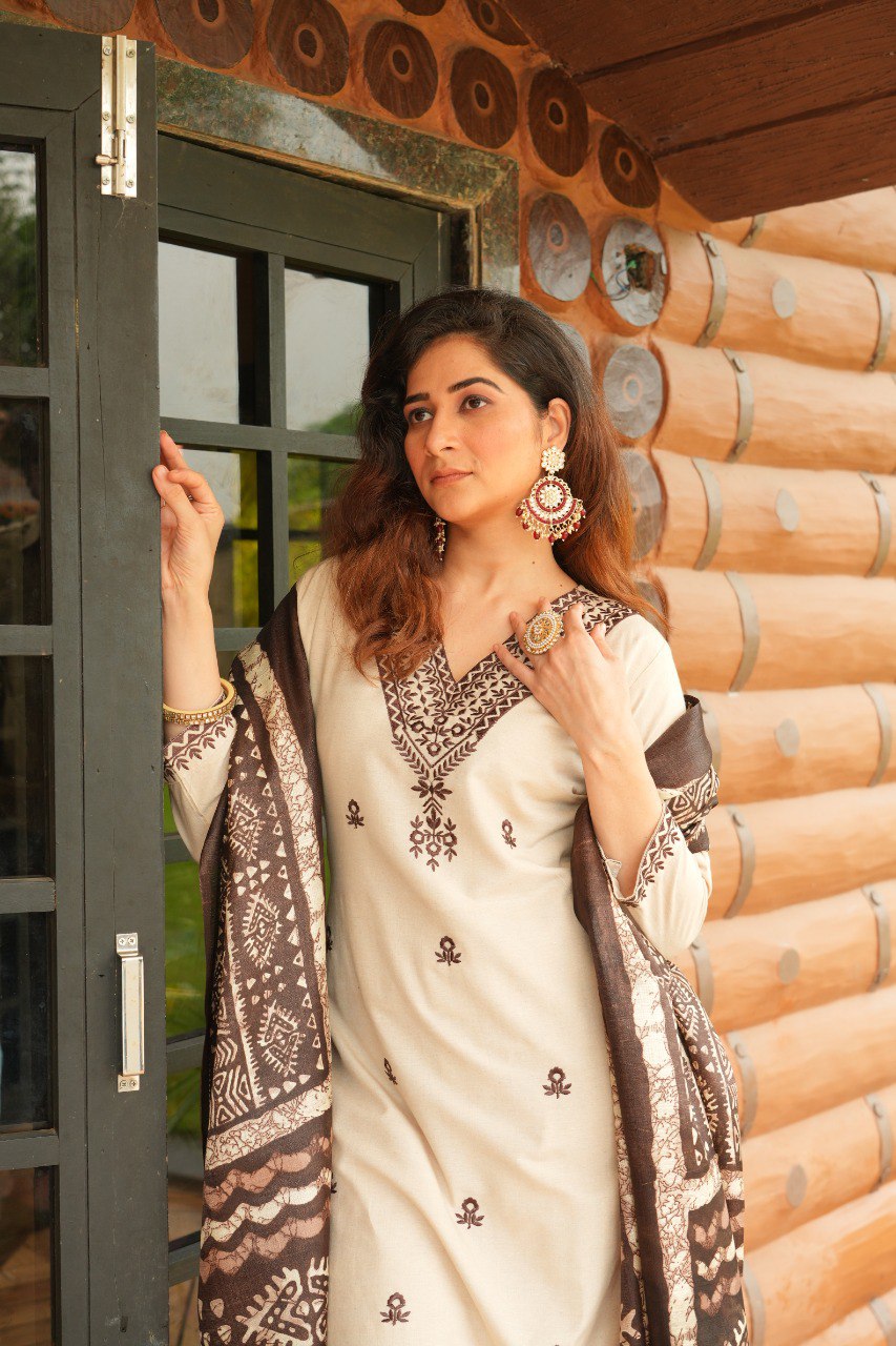 Khadi Cotton Fully Stitched Ethnic Set with Dupatta