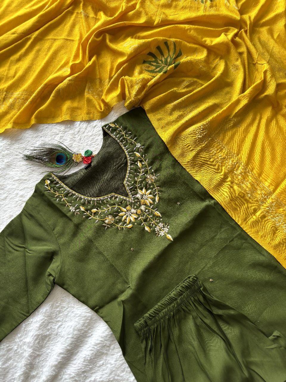 Premium Roman Silk Designer Kurti Pant Dupatta Set