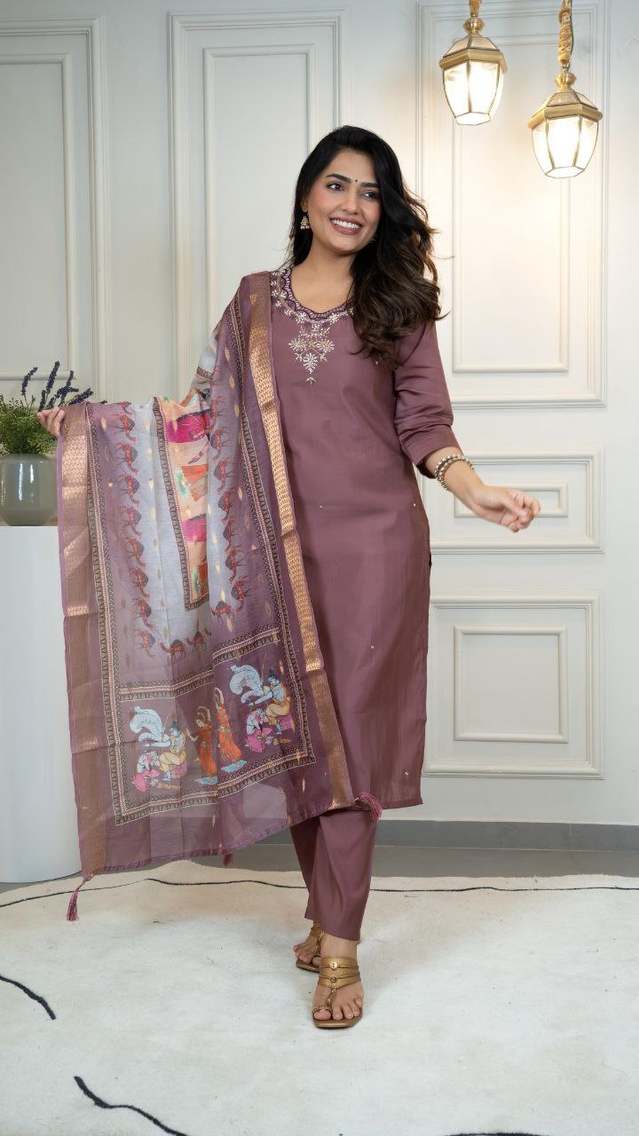 Premium Roman Silk Designer Kurti Pant Dupatta Set