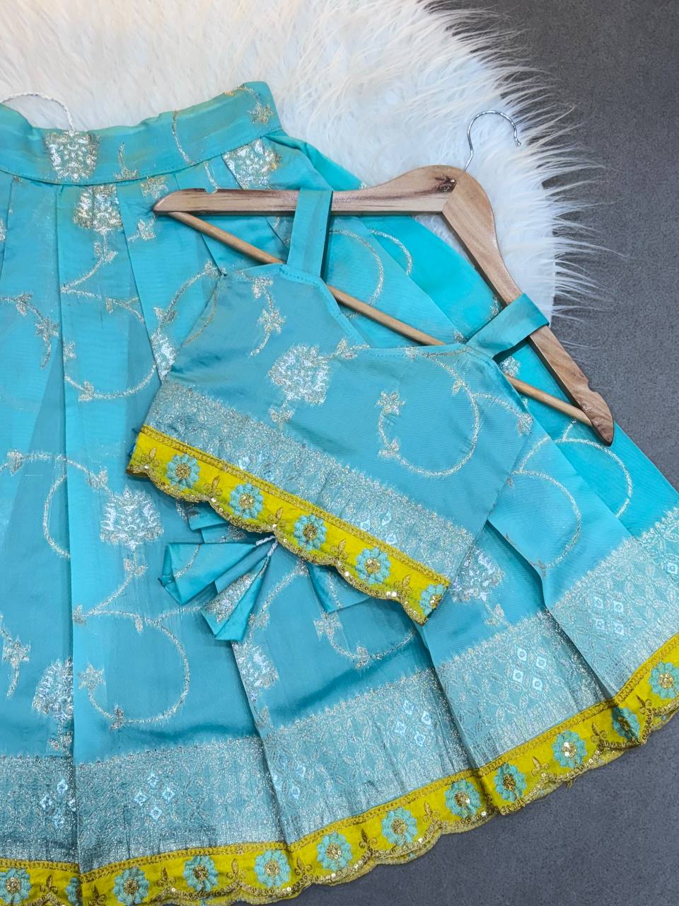 Soft Silk With Pure Zari Waving Fabric Kids Silk Lehenga Choli with Jacquard Weaving & Embroidery Lace