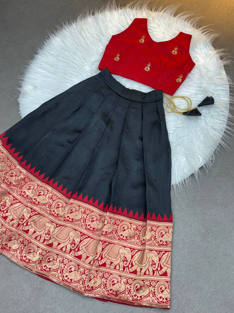 Kids Silk Lehenga Choli with Jacquard Weaving & Embroidery Lace