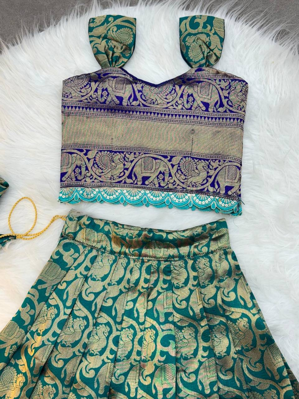 Kids Silk Lehenga Choli with Jacquard Weaving & Embroidery Lace