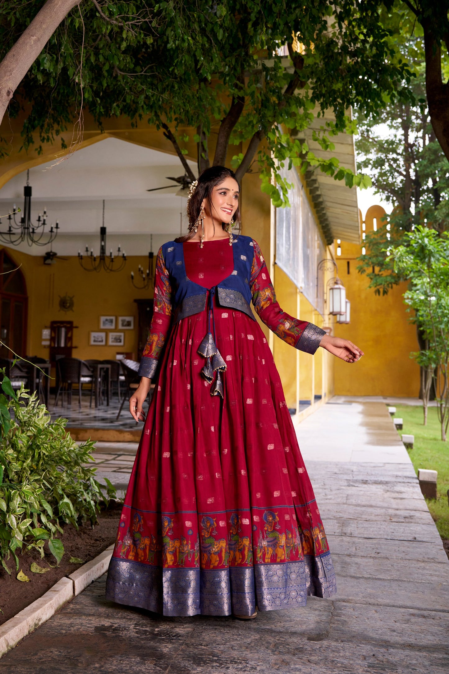 Chanderi-Style Flared Gown with Printed Koti