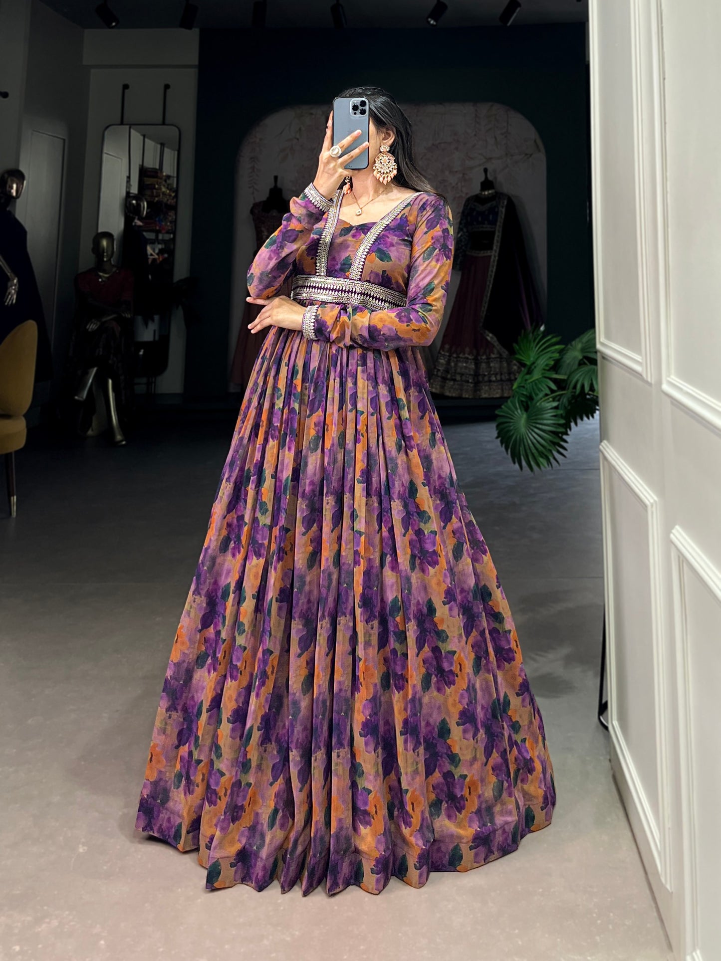 Elegant Georgette Floral Anarkali Gown with Dupatta