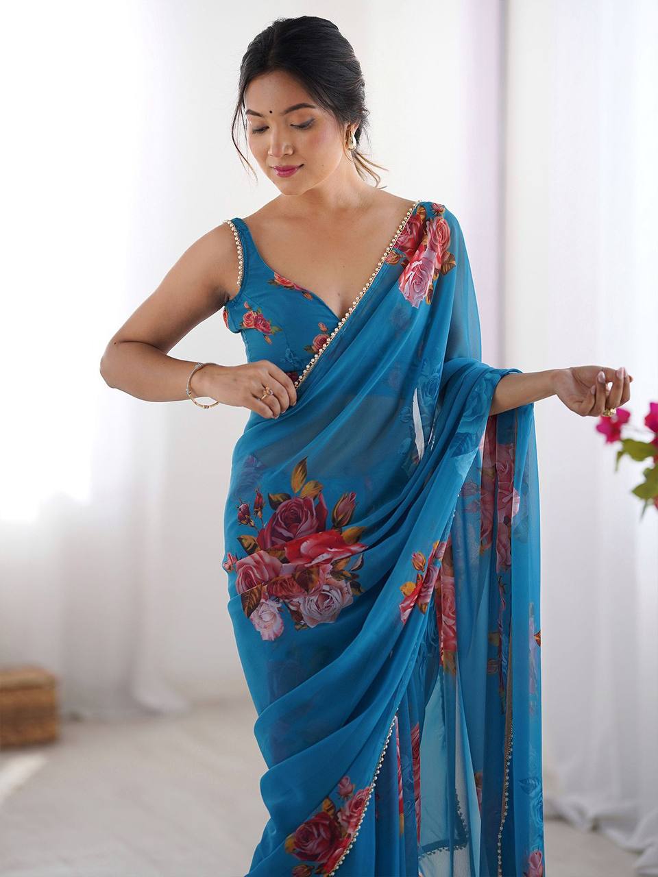 Printed Georgette Silk Saree with Moti Lace Border