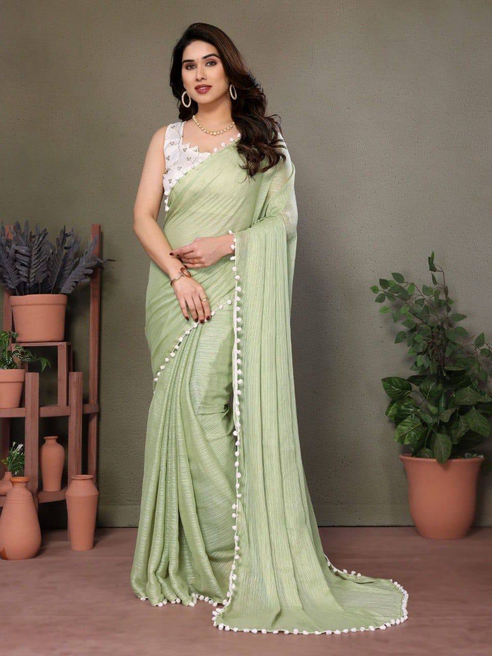 Polyester Zari Plain Saree with Embroidered Blouse & Pum Pum Lace