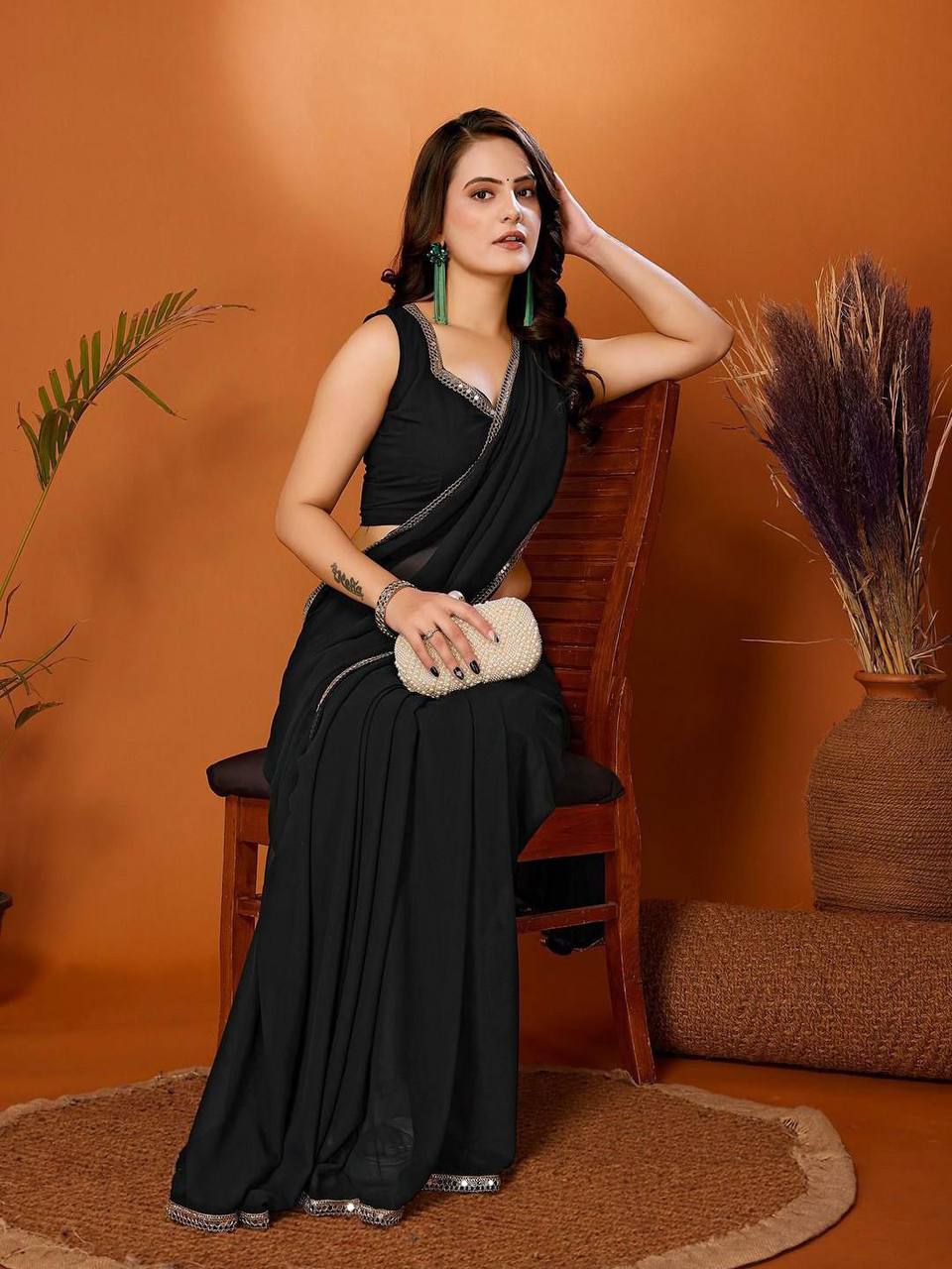 Pakhi Solid Georgette Silk Saree with Mirror Border Lace