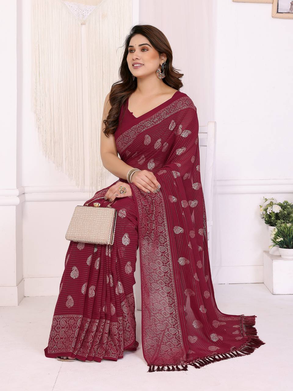Plain Georgette Silk Saree with Foil & Lace Work