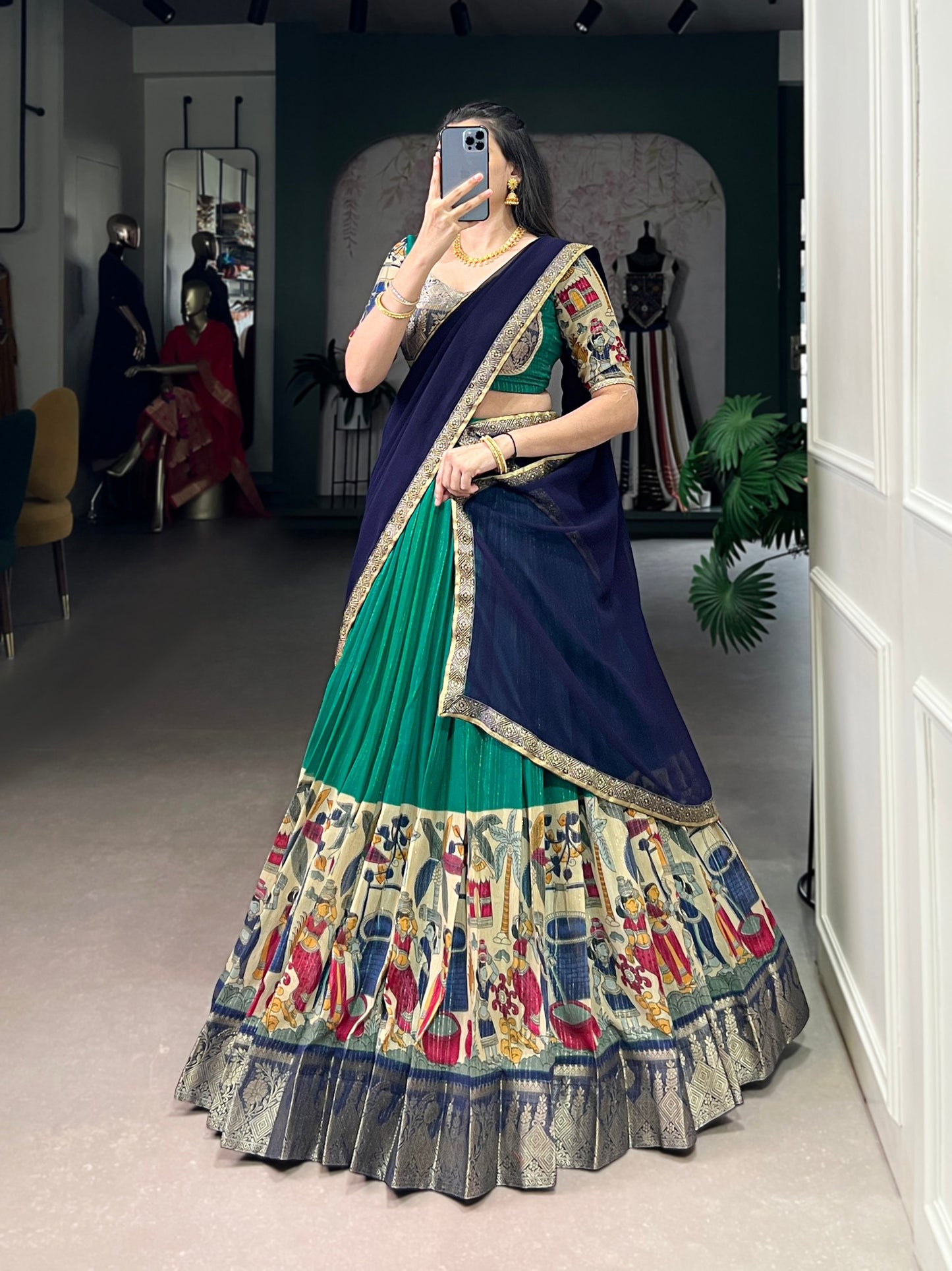 NITRIYA Poly Chanderi Kalamkari Print Lehenga Choli with Zari Stripe & Georgette Dupatta