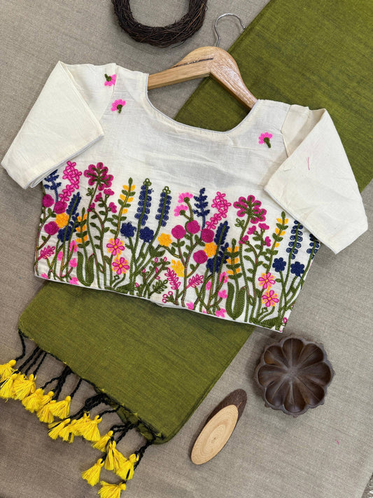 Pure Khadi Cotton Heavy Embroidery with Aura Cotton With Designer Embroidery Blouse