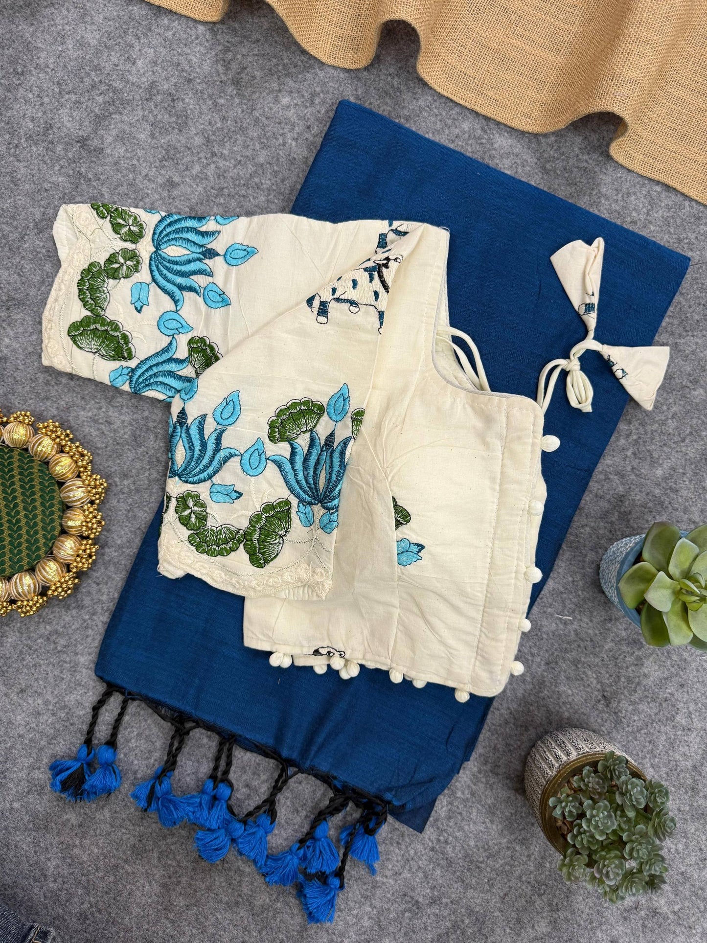 Khadi Cotton Heavy Embroidery with Aura Cotton With Designer Embroidery Blouse