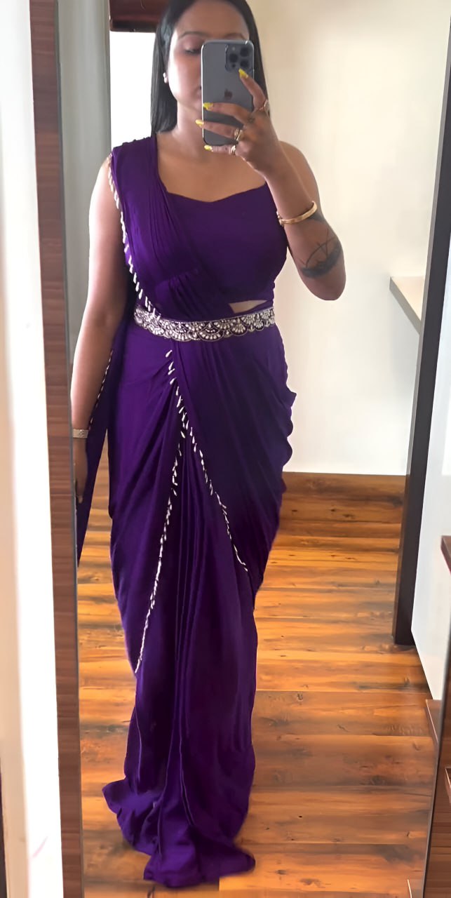 Chinnon Silk with Multi-Thread Embroidery Sequins Ready To Wear Saree With Koti