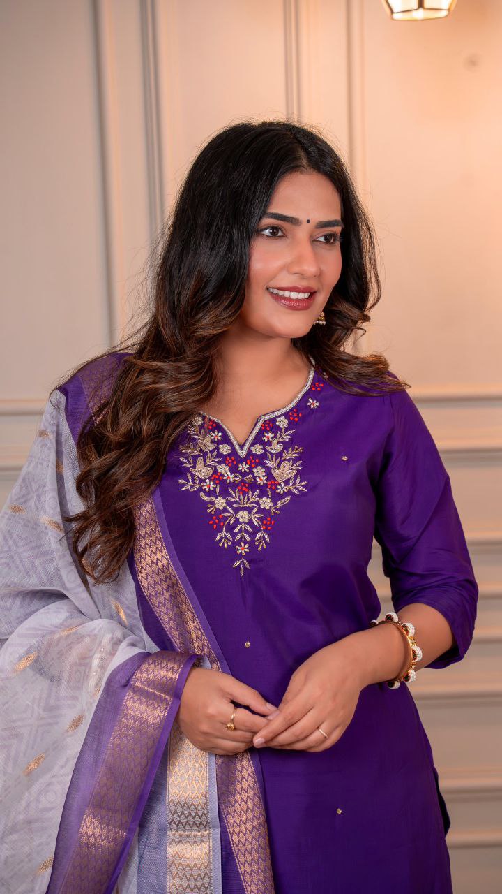 Premium Roman Silk New Designer Kurti Pant Dupatta Set