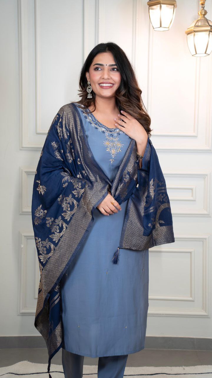 Premium Roman Silk Designer Kurti Pant Dupatta Set