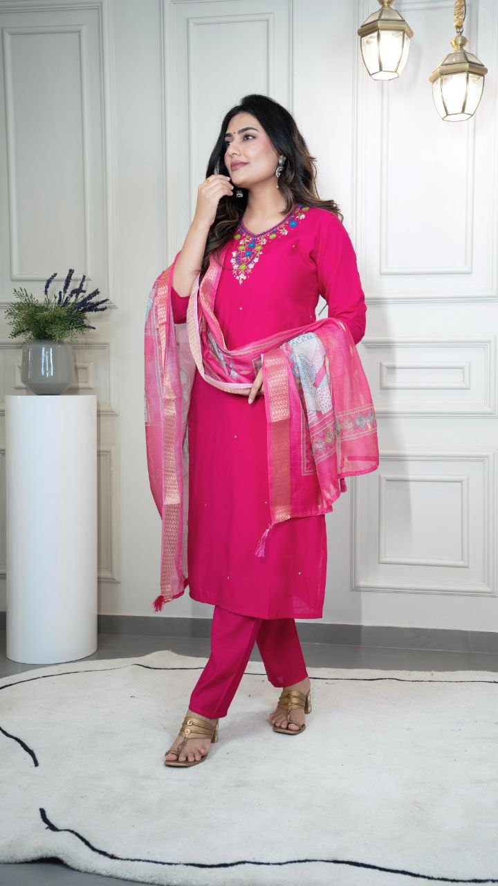 Roman Silk New Designer Kurti Pant Dupatta Set