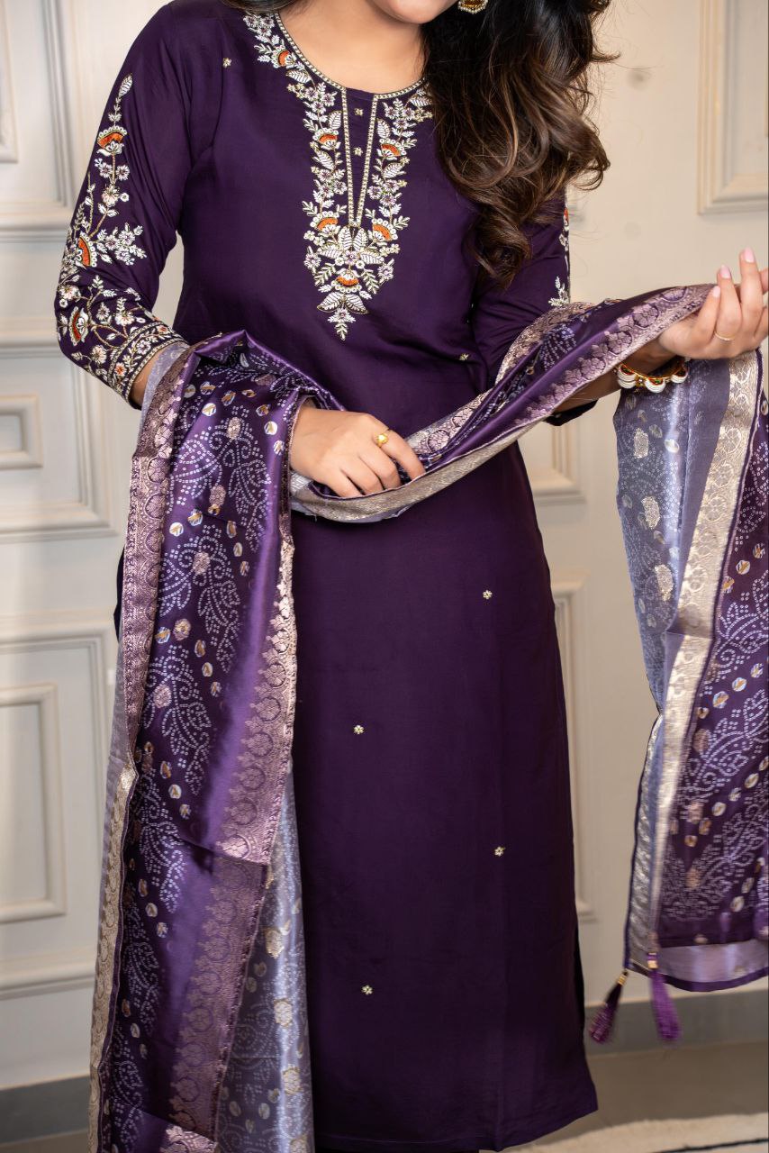 Roman Silk Multicolor Embroidery Work Suit