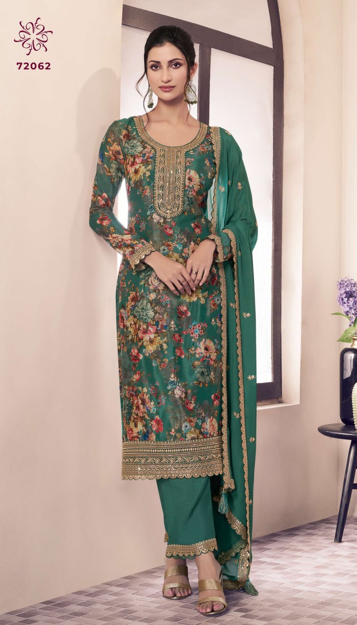 Vichitra Digital Print Embroidery Sequence + Coding Suit