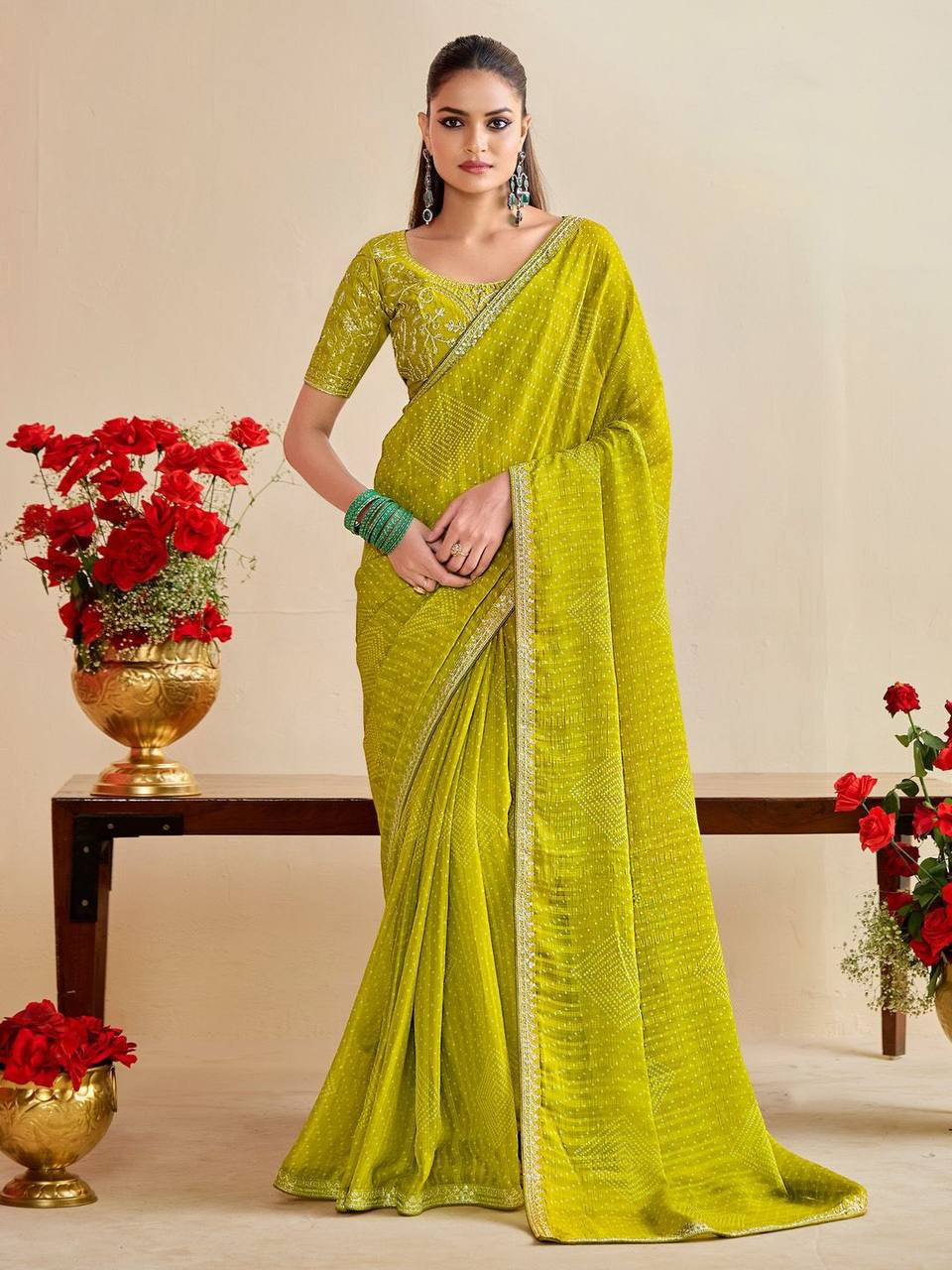 Moss Chiffon Silk Bandhani Saree