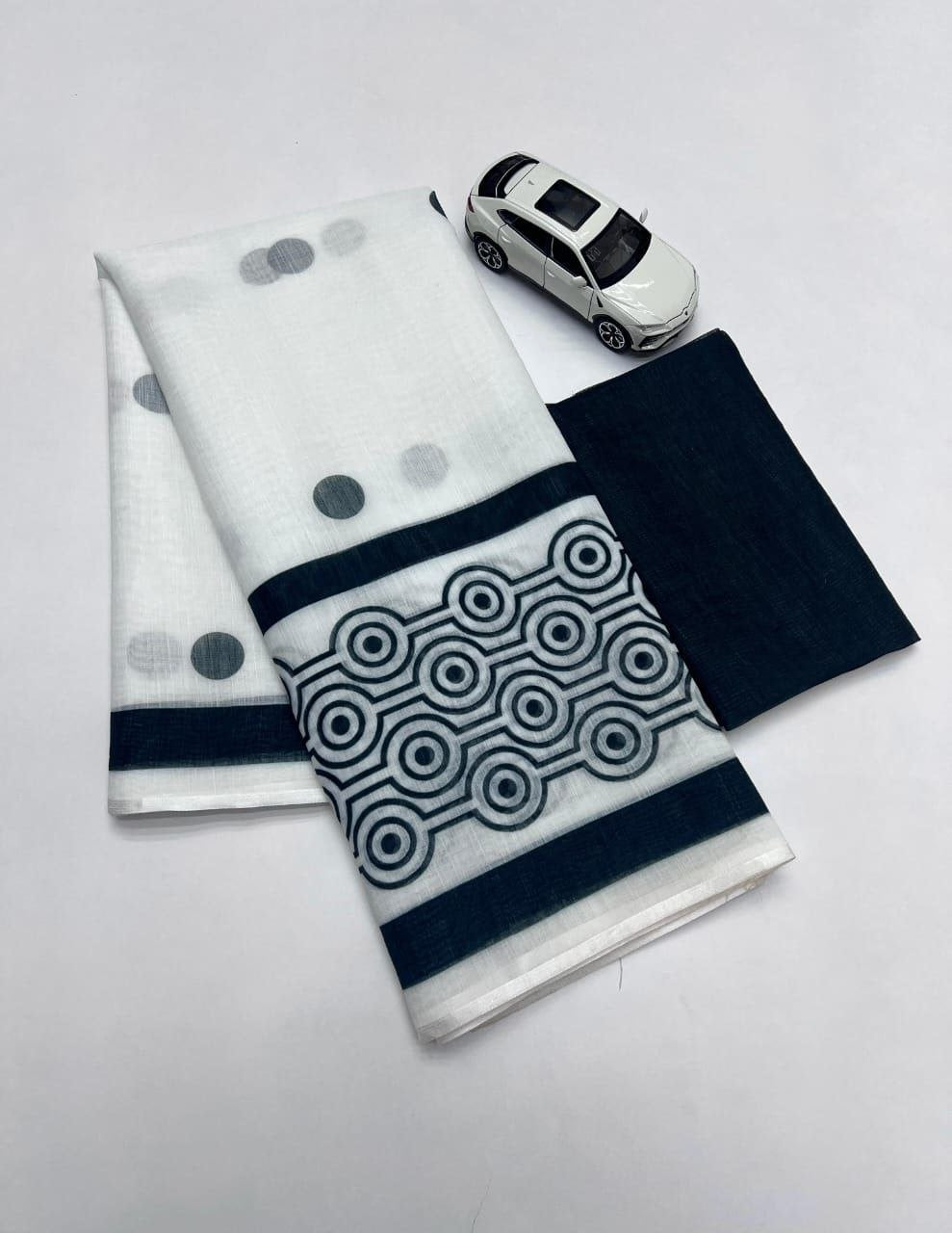 Plain Linen Digital Print Saree