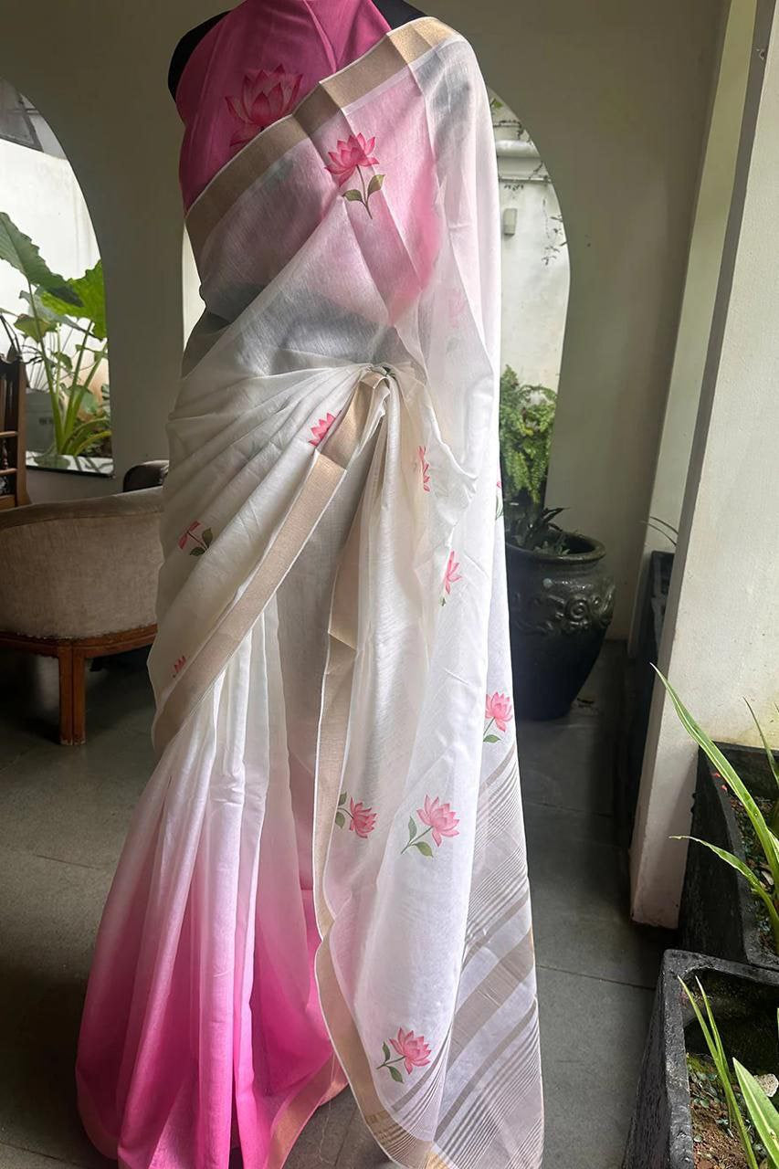 Linen Digital Print Saree with Gold Jari Border