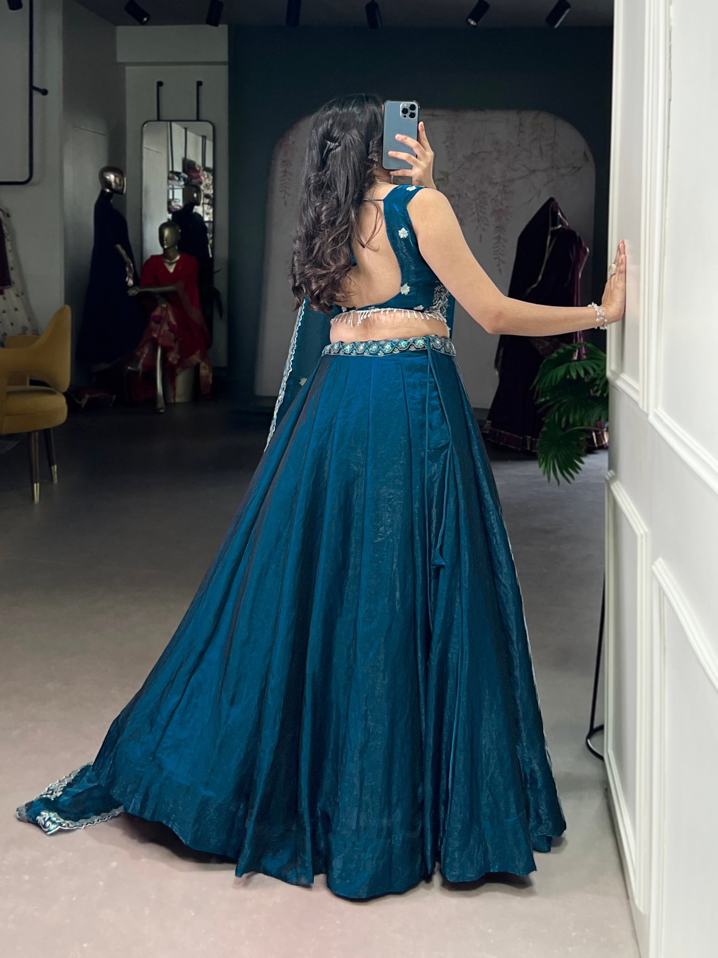 Premium Fendi equins and thread embroidery with embellished belt Lehenga