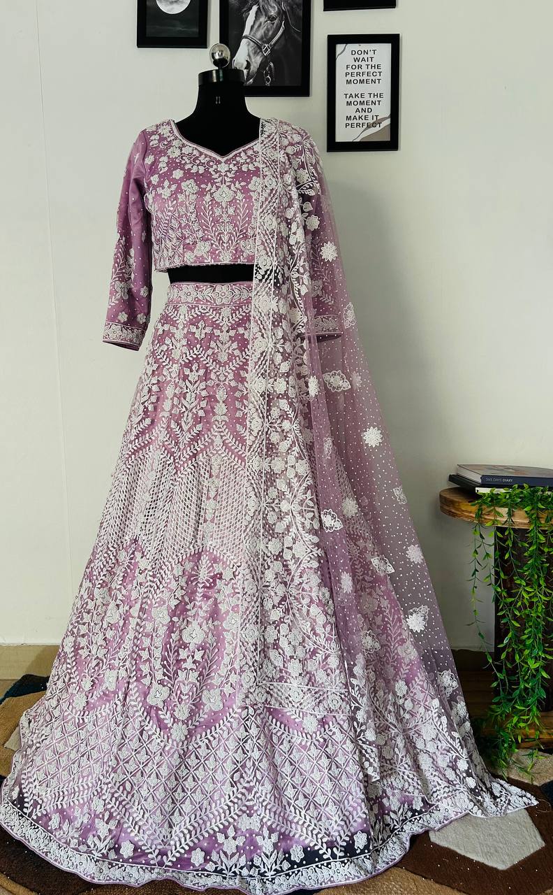 Heavy Mono Net Pure Bitts Pearl Design Work Lehenga