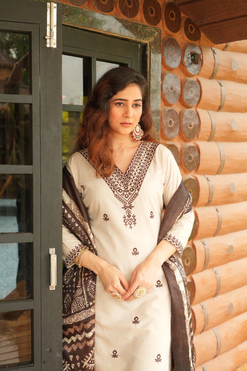 Khadi Cotton Fully Stitched Ethnic Set with Dupatta