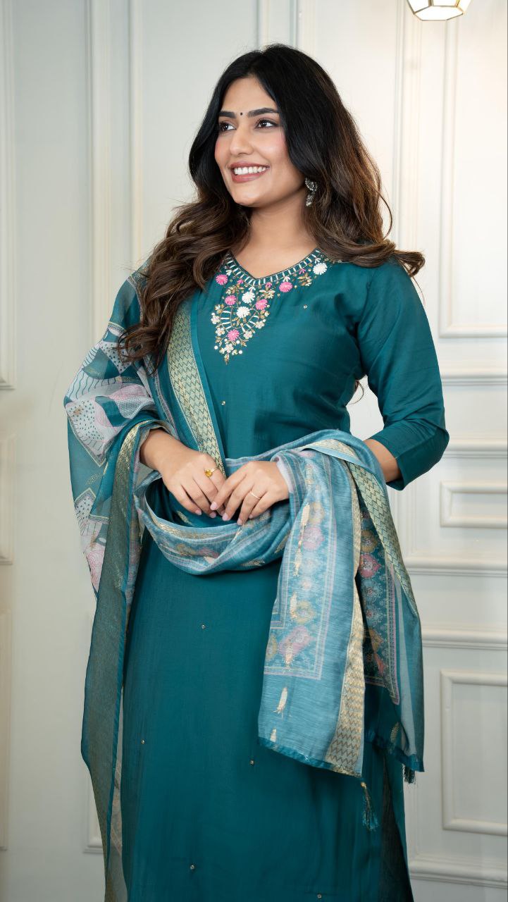 Roman Silk New Designer Kurti Pant Dupatta Set