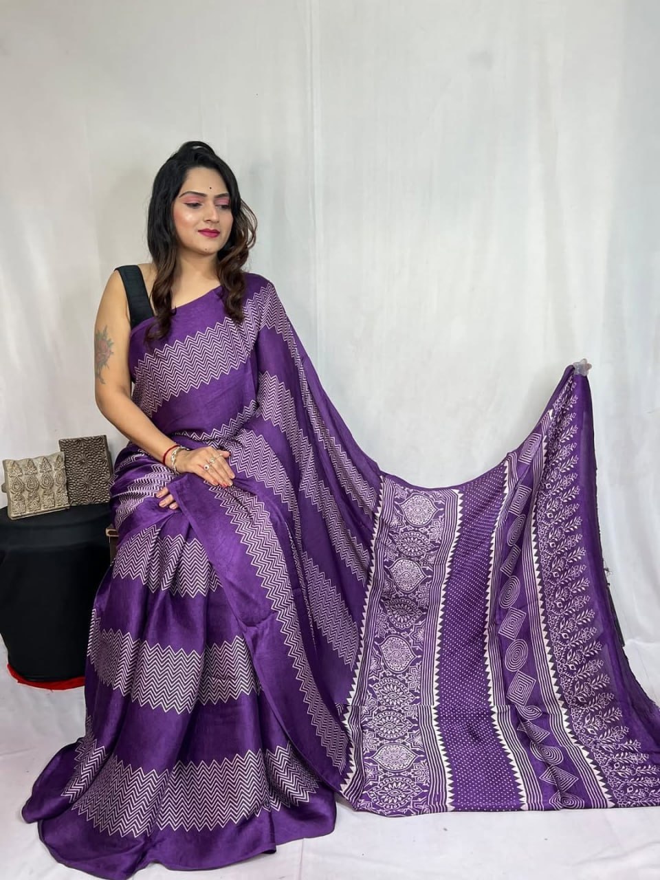 Digital Print Border with Ajrakh Rich Pall Semi Gajji Silk Soft and Smooth Saree