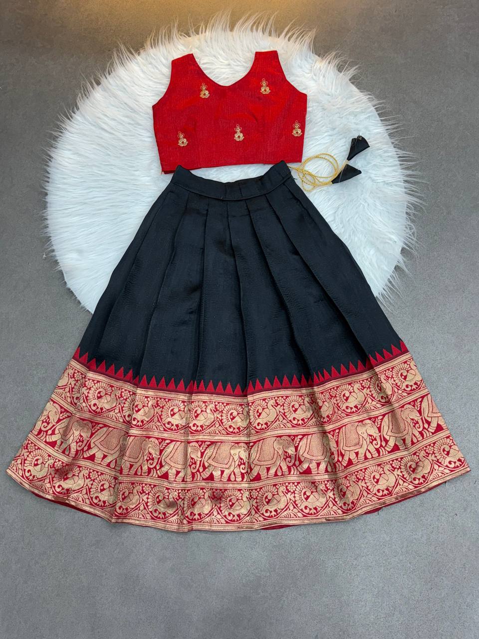 Kids Silk Lehenga Choli with Jacquard Weaving & Embroidery Lace