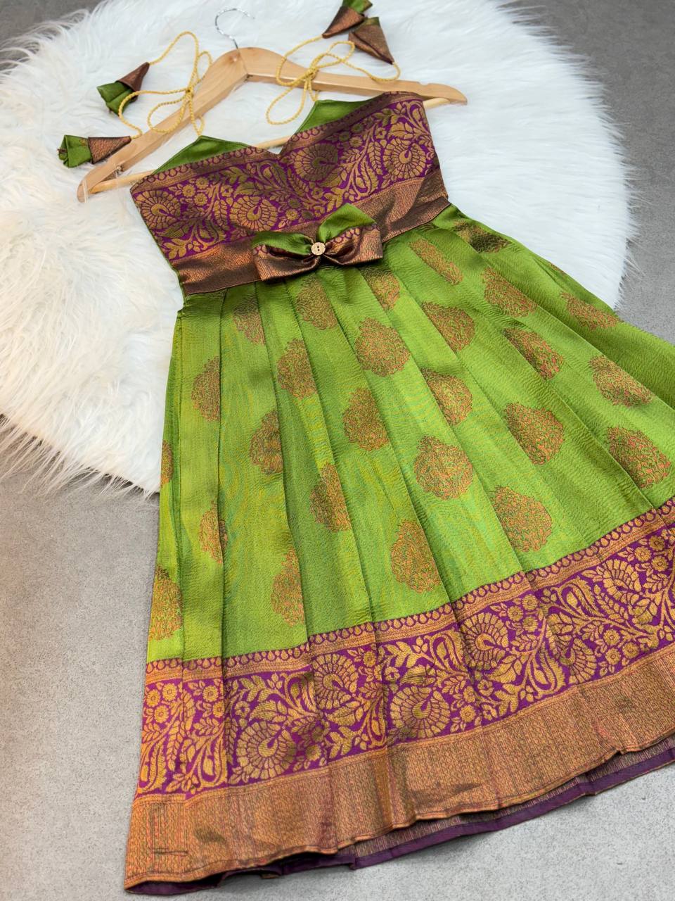 Kids Silk Gown with Jacquard Weaving & Embroidery Lace