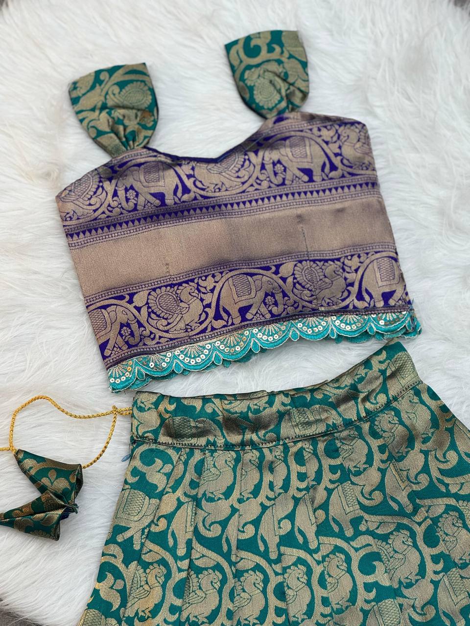Kids Silk Lehenga Choli with Jacquard Weaving & Embroidery Lace