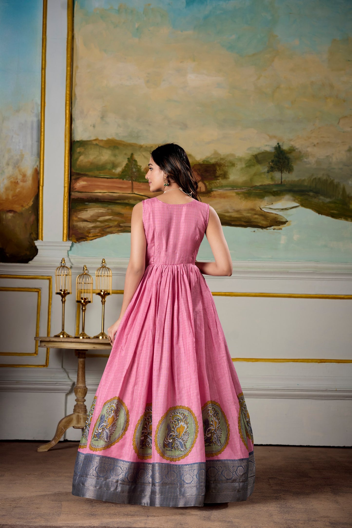 Elegant Dola Silk Kalamkari Print Gown with Zari Weaving Koti