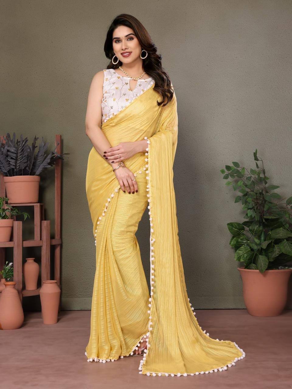 Polyester Zari Plain Saree with Embroidered Blouse & Pum Pum Lace