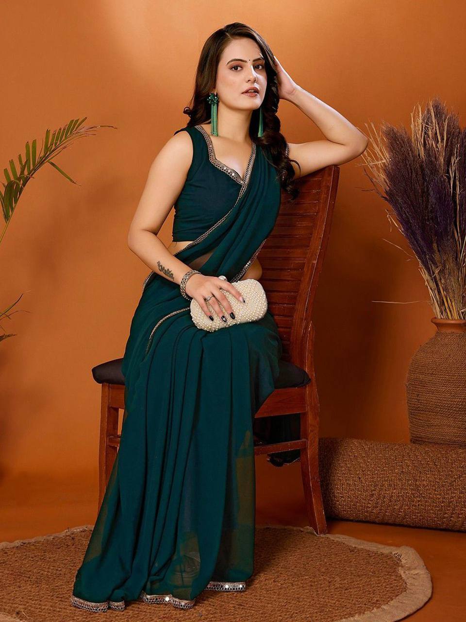 Pakhi Solid Georgette Silk Saree with Mirror Border Lace