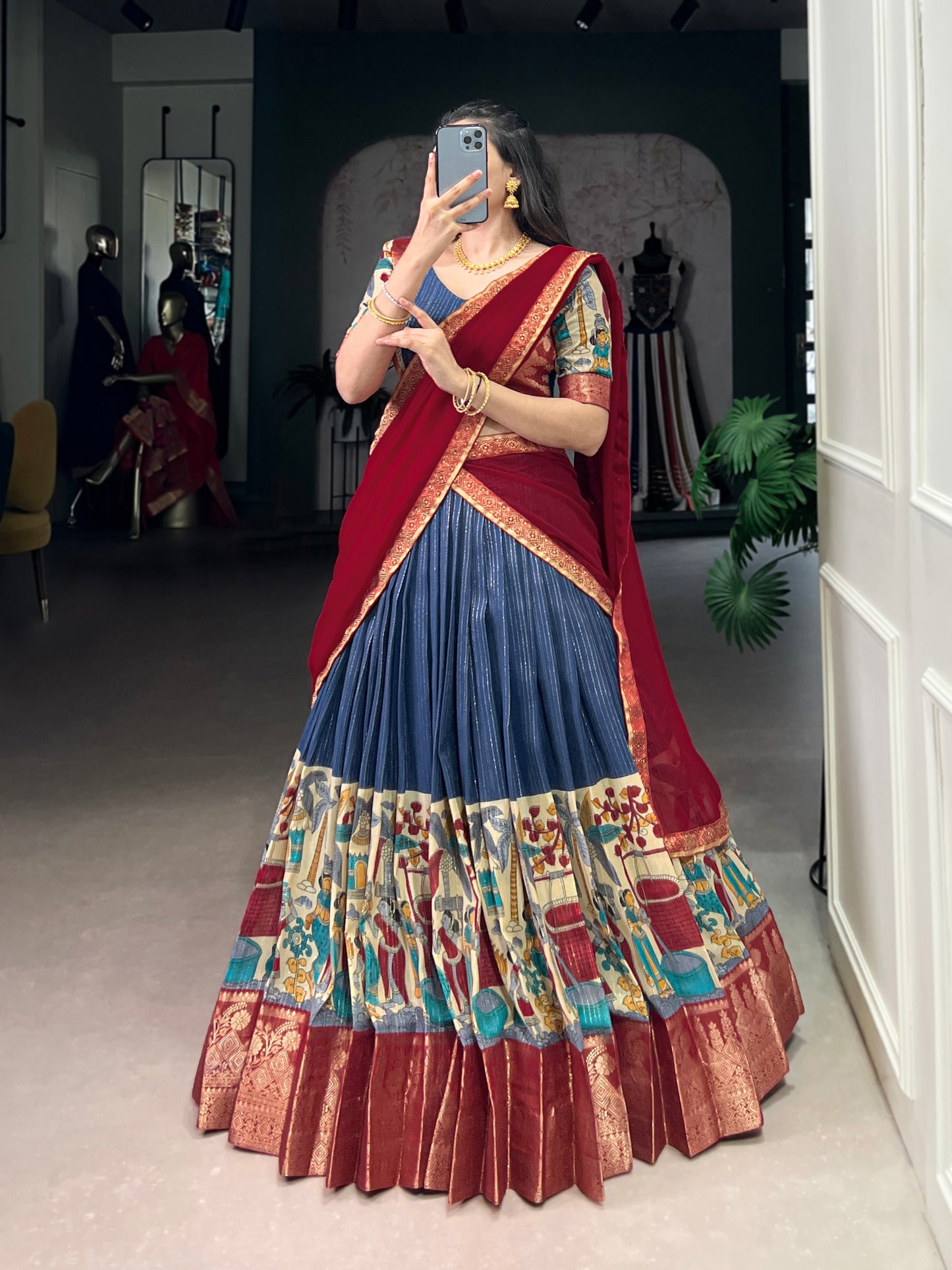 NITRIYA Poly Chanderi Kalamkari Print Lehenga Choli with Zari Stripe & Georgette Dupatta