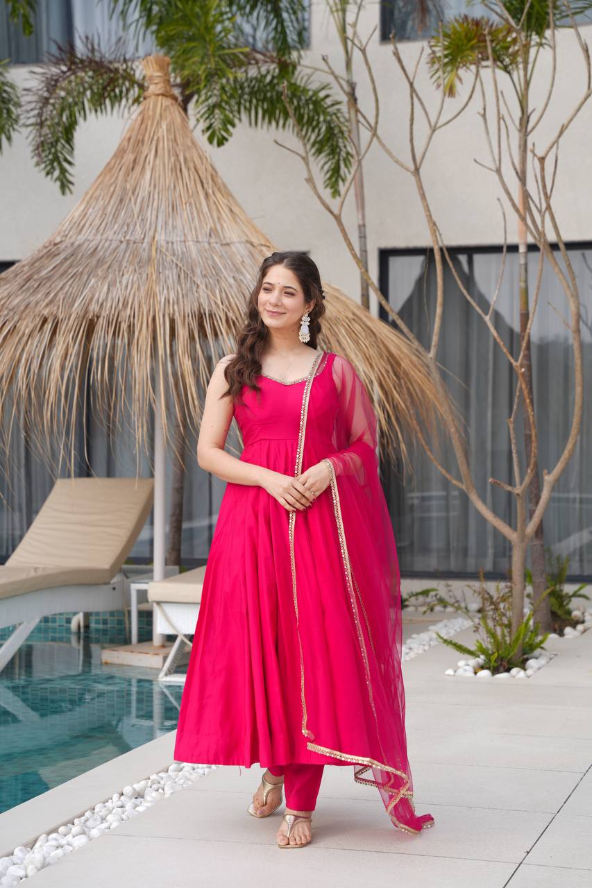PURE ROMANSILK CHANDERI ANARKALI SET
