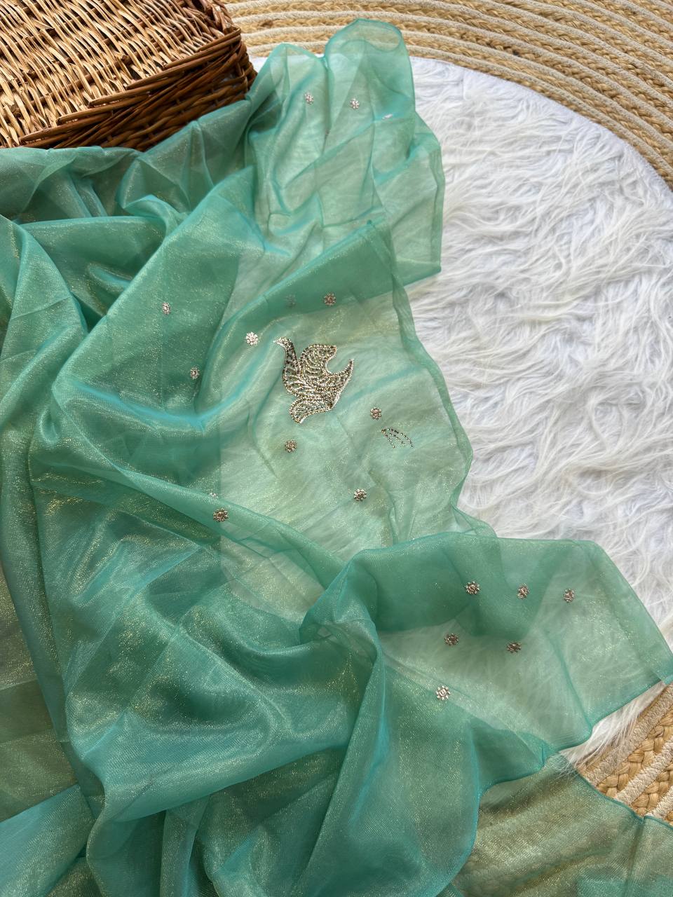Pure Tissue Silk in solid color Saree With Embroidery viscose thread work with zarkhan