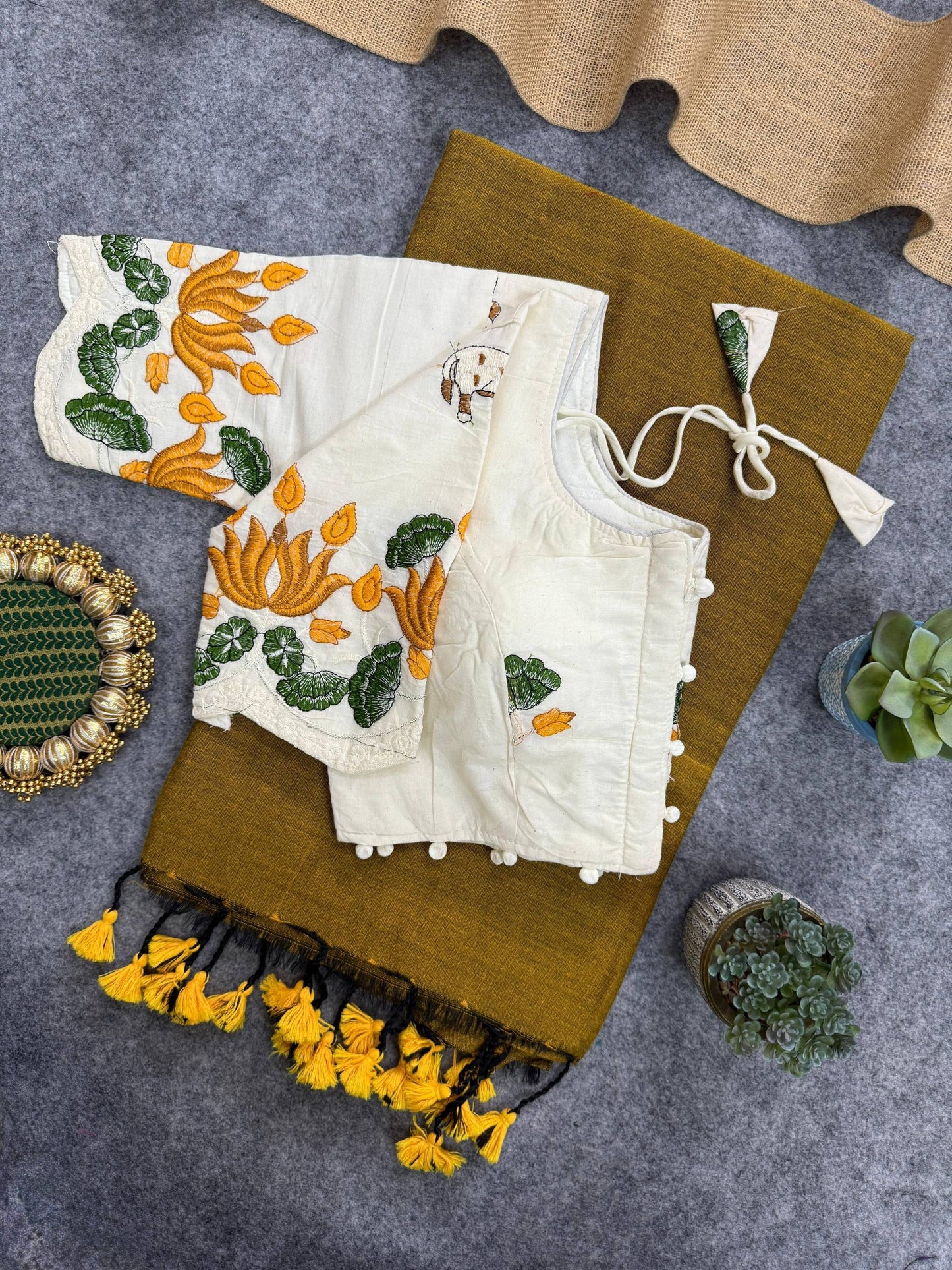 Khadi Cotton Heavy Embroidery with Aura Cotton With Designer Embroidery Blouse