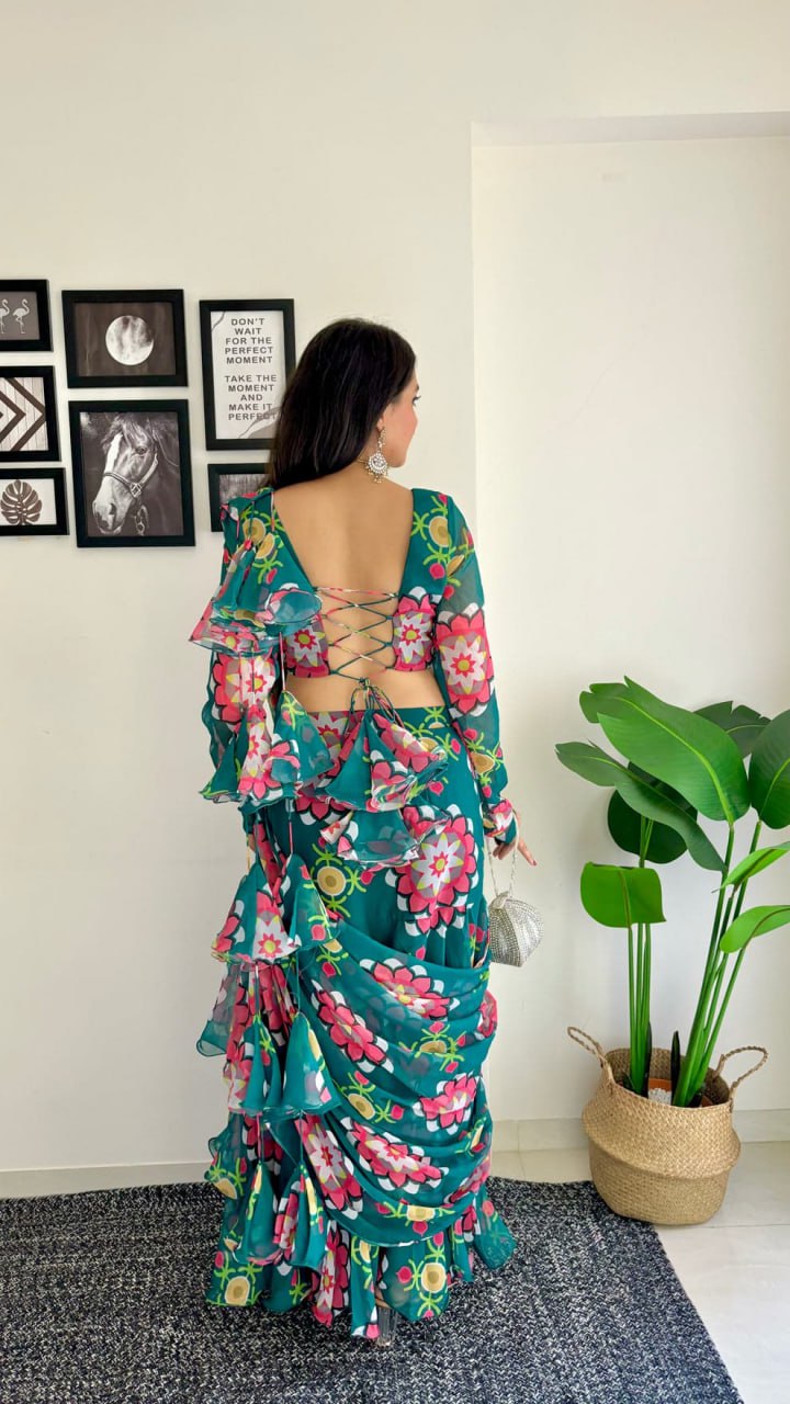 Georgette with Digital Print Ready To Wear Lehenga Saree