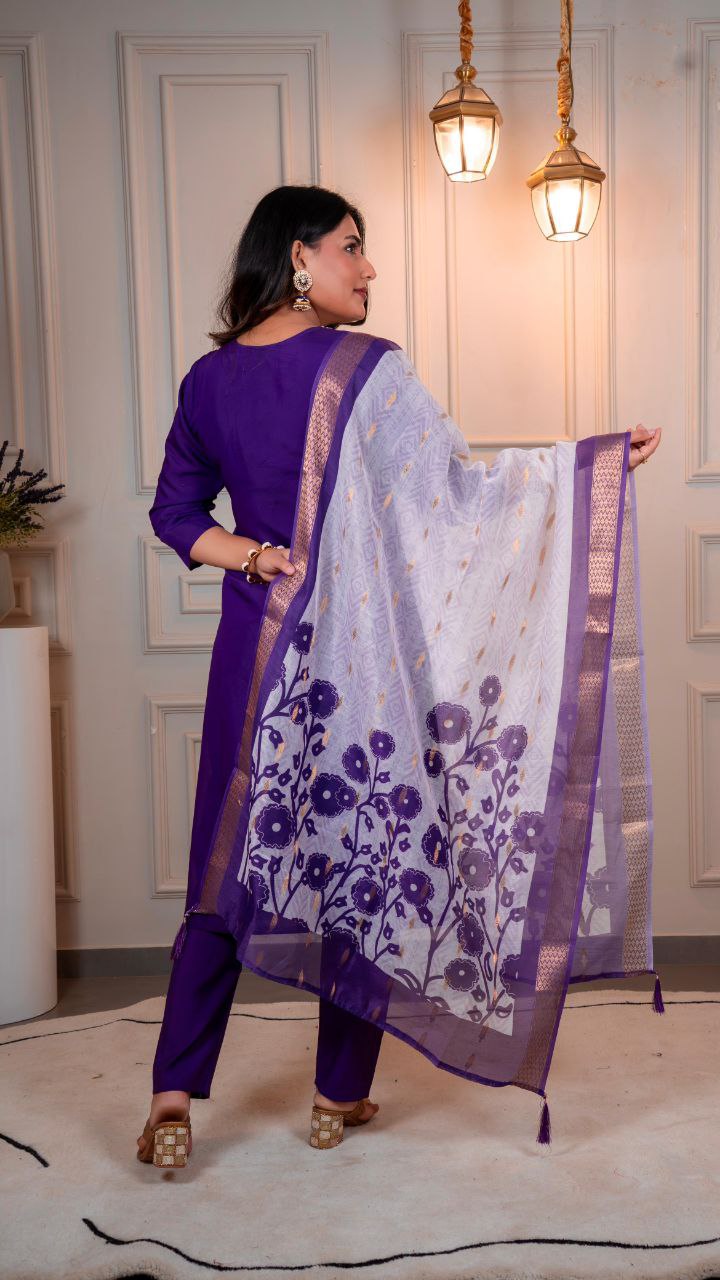 Premium Roman Silk New Designer Kurti Pant Dupatta Set