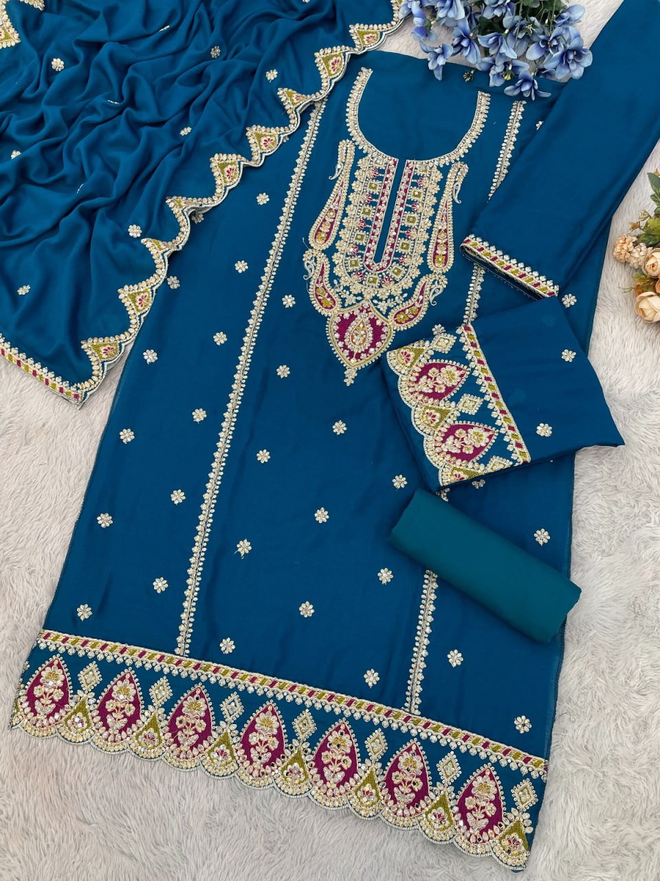 Chinon with Embroidered Cording & 3mm Sequence Thread work Suit
