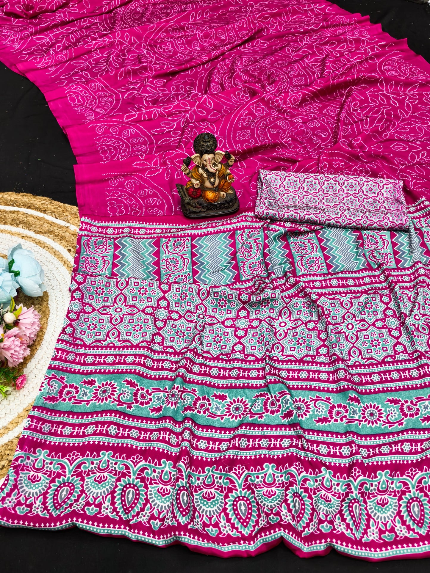 Ajrakh Printed Pallu Bandhej Saree