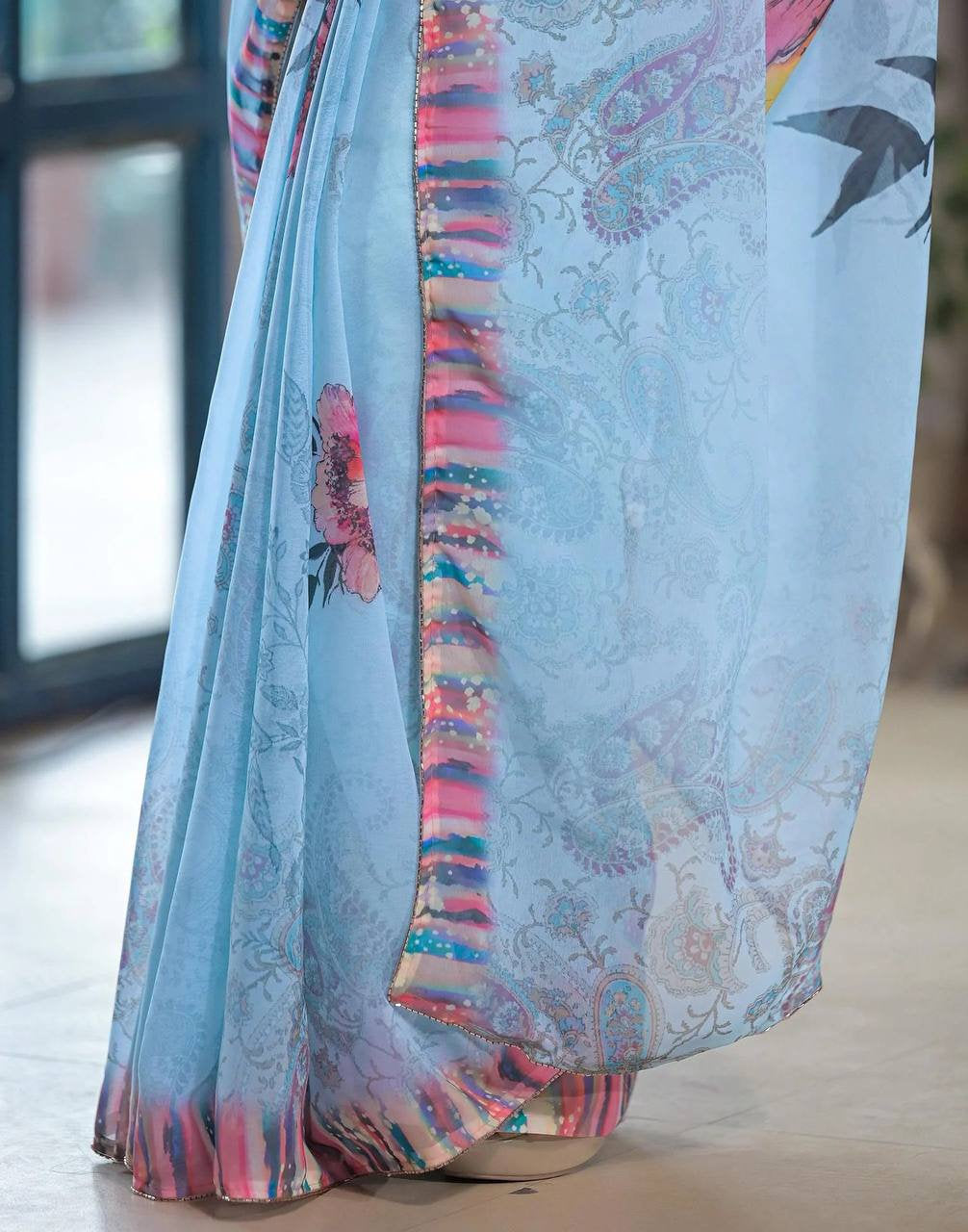 Georgette Silk Printed Saree with Valmoti Work