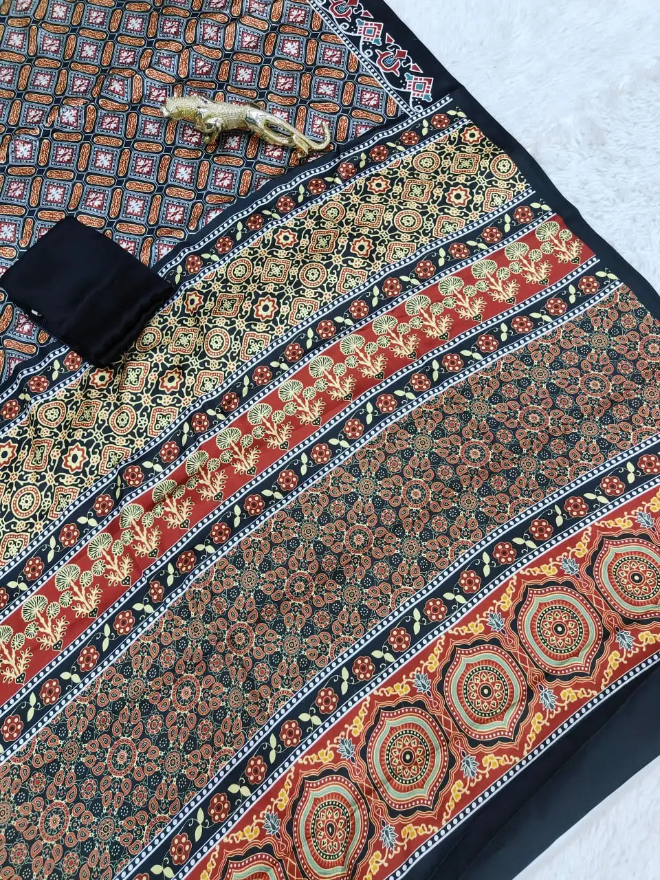 Ajrakh Print Semi Gajji Silk Saree with Rich Pallu & Contrast Blouse – 2303B