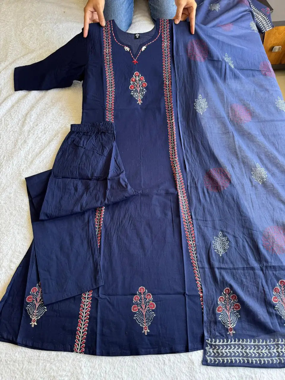 Pure Cotton Block Print Kurti Set with Real Mirror Work & Mul Cotton Dupatta – Navy Blue | KR-398