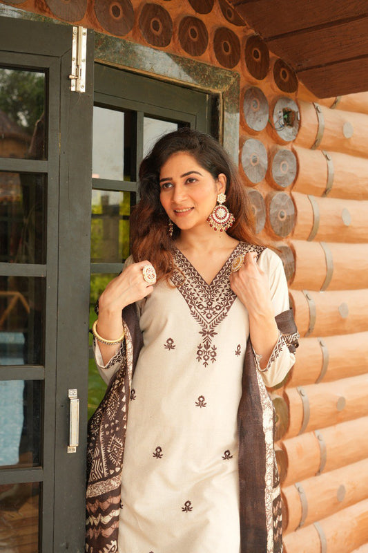 Khadi Cotton Fully Stitched Ethnic Set with Dupatta