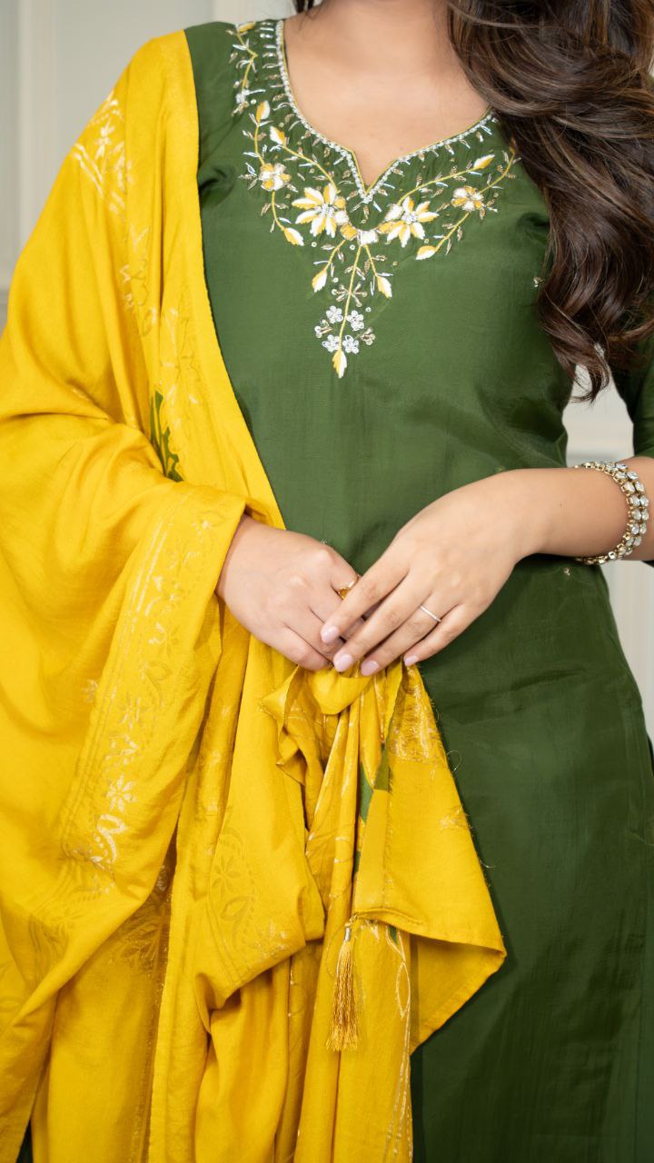 Premium Roman Silk Designer Kurti Pant Dupatta Set